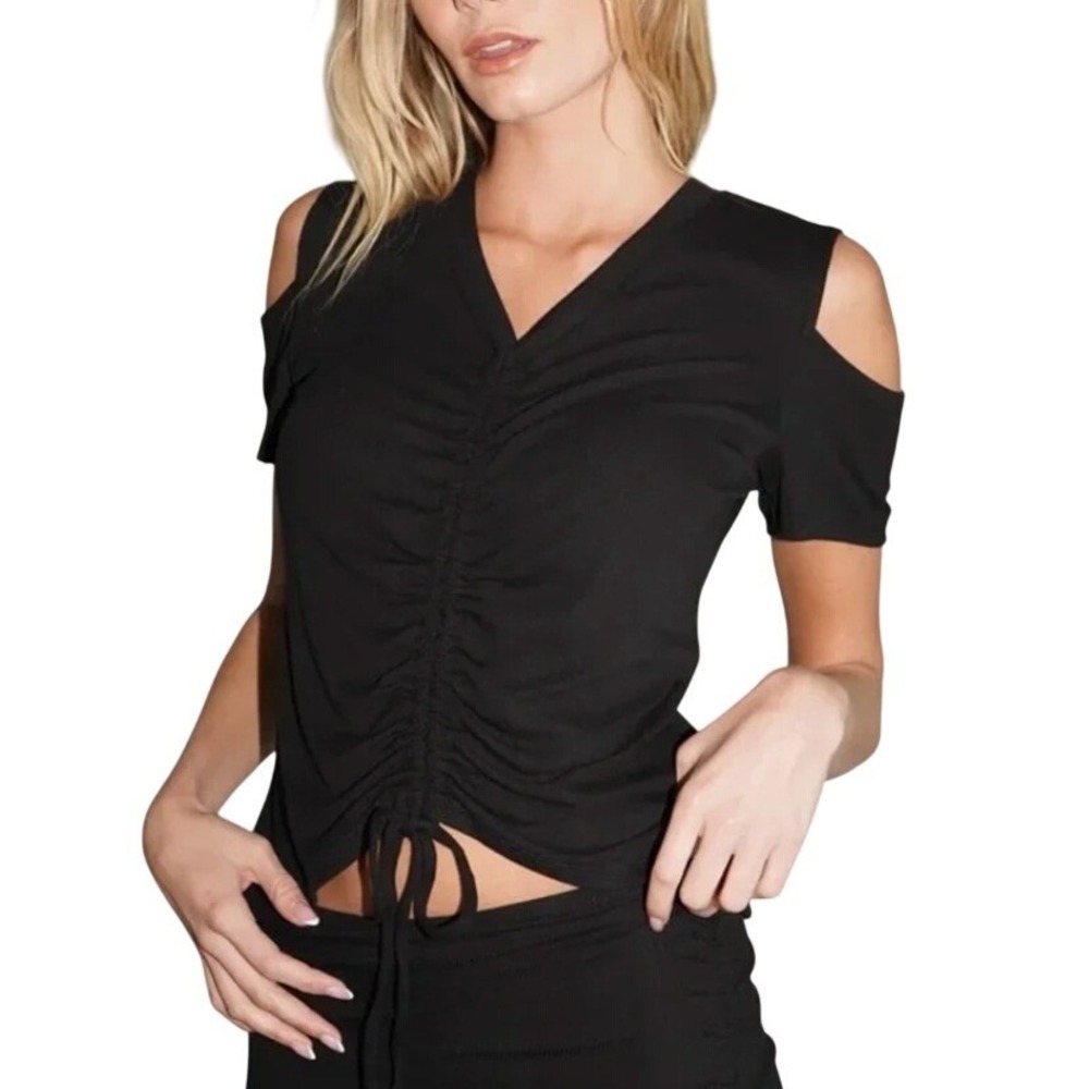 NEW LNA Clothing Brighton Top Black Cold Shoulder Ribbed Ruched V-Neck‎ 3X